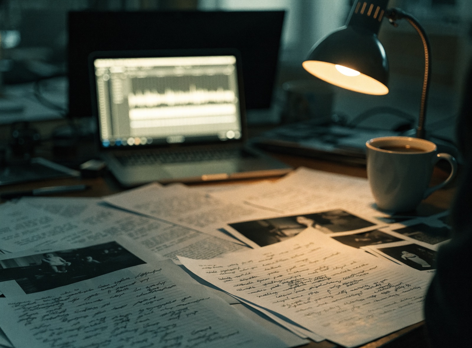 Biurko producenta w montażowni: notatki, fotografie ze sprawy, lampa i laptop z osią czasu