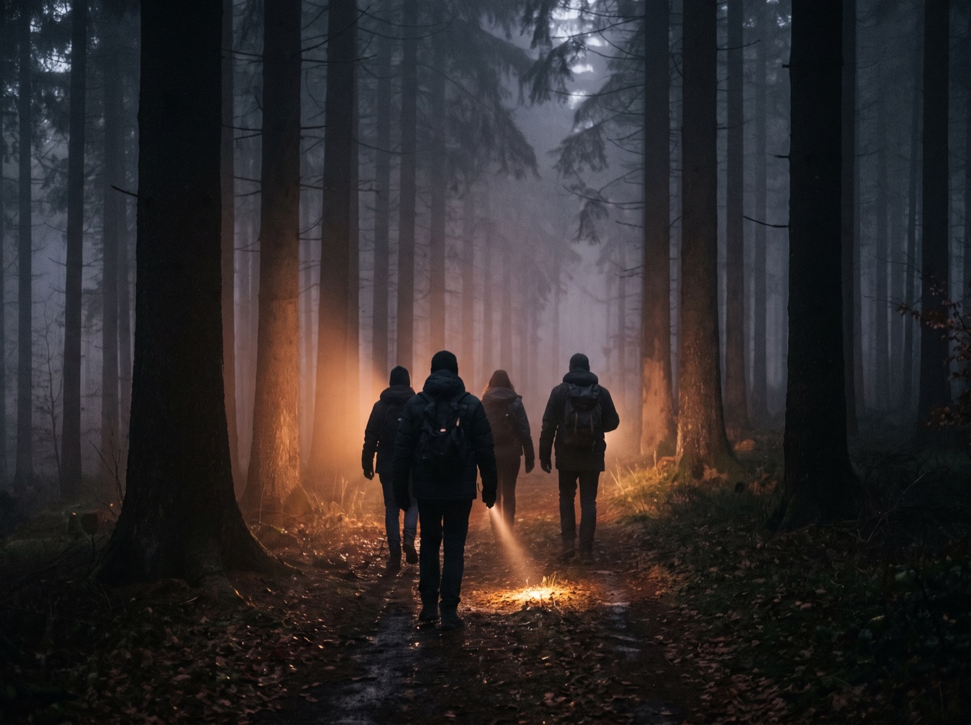 Zespół z latarkami idący o zmierzchu przez las we mgle